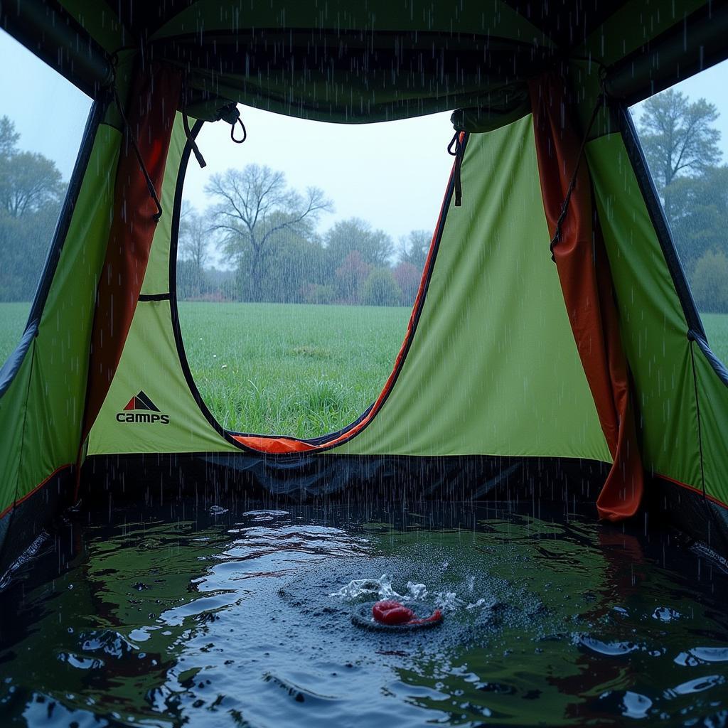 A waterproof car camping tent in heavy rain.