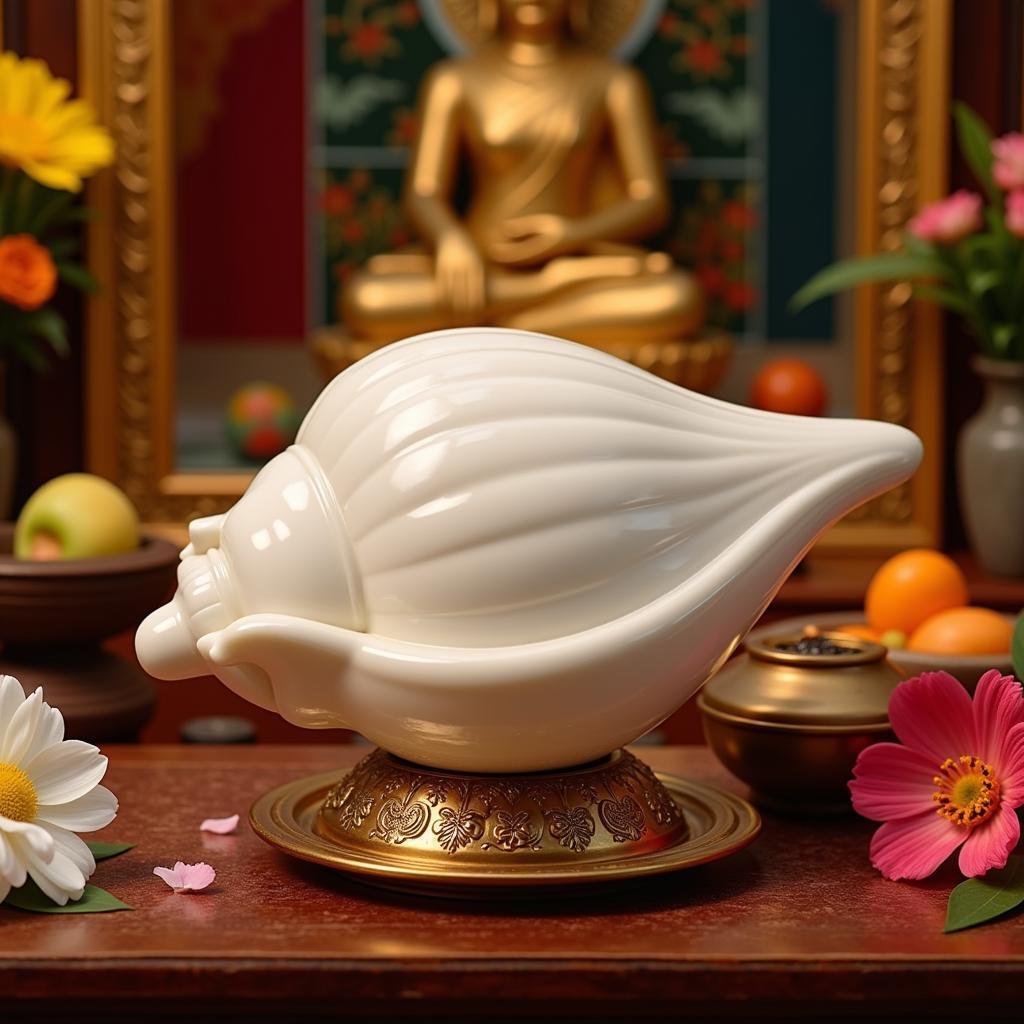 White Conch Shell on Buddhist Altar