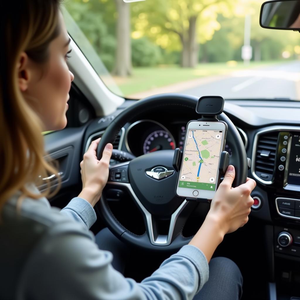 Woman using phone with car mount for navigation