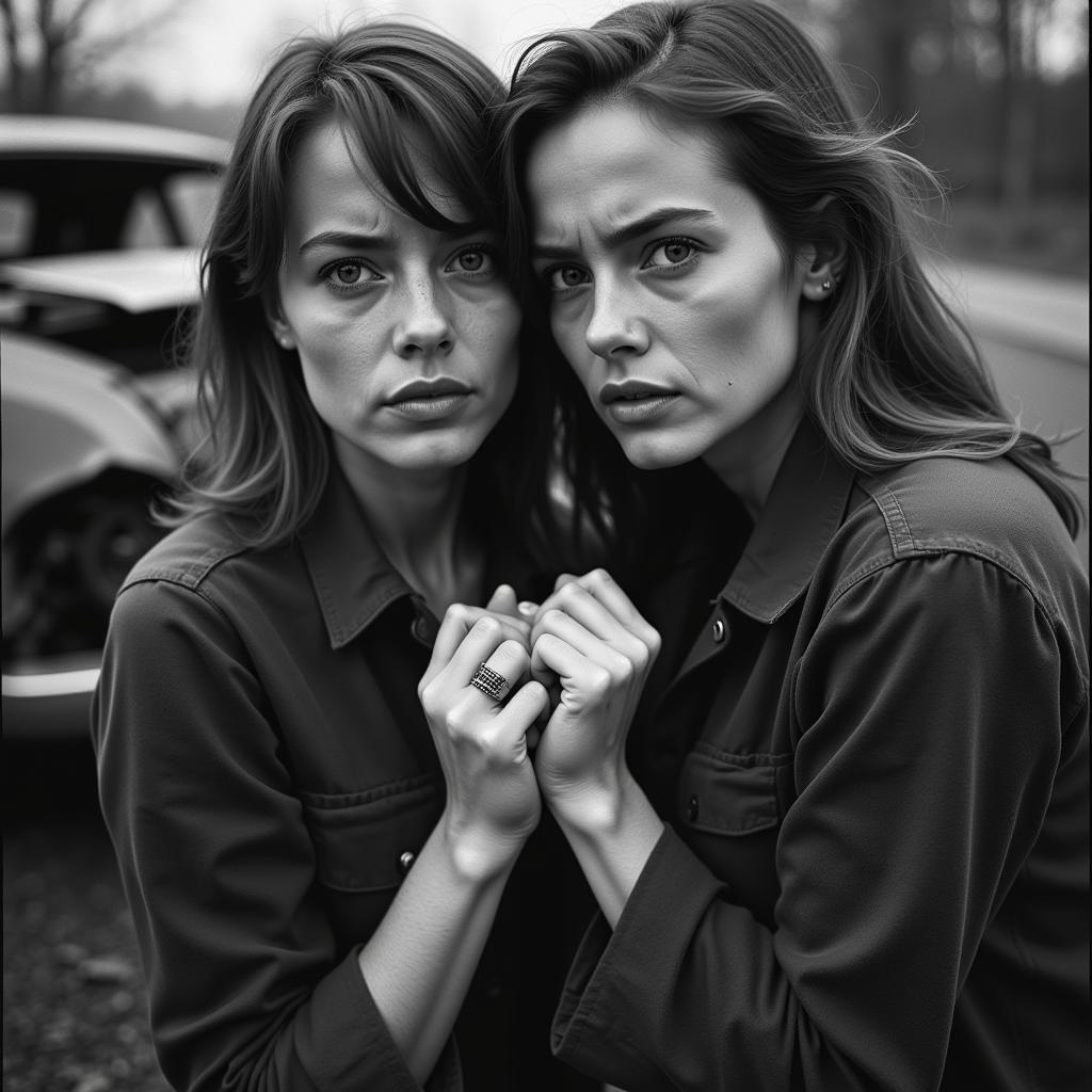 Women holding hands after a car accident, black and white photo