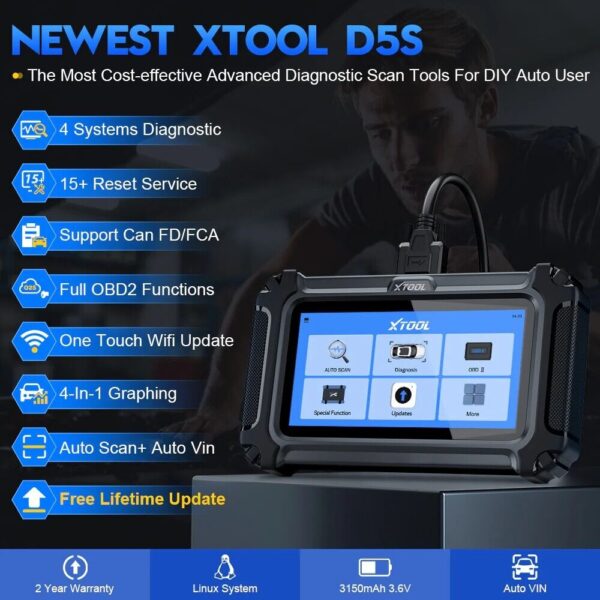 XTOOL D5S OBD2 Scanner Engine ABS SRS Transmission Car Diagnostic Tool FCA CANFD - Image 2