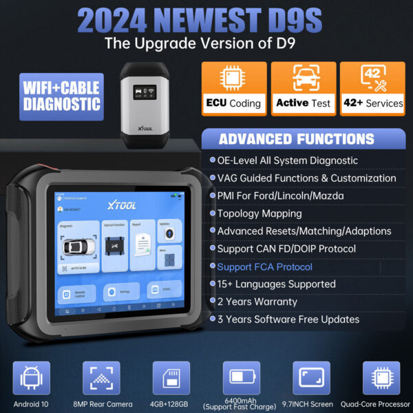 XTOOL D9S OBD2 All System Diagnostic Scanner Bidirectional F/CA E/CU Coding Tool - Image 2